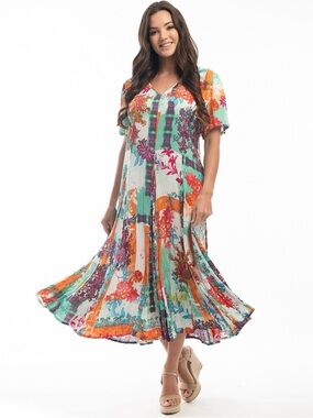 Bohemian Floral Patchwork Midi Dress in White, Teal & Orange